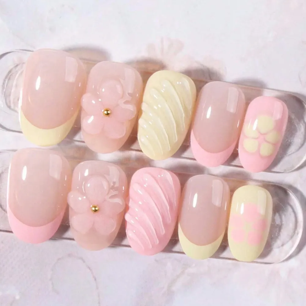 Nailhour 24Pcs 3D French Medium Almond Floral Press On Nails