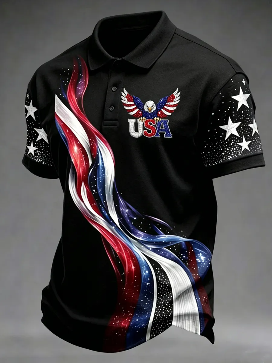Men'S American Flag Eagle Printed Polo Shirt
