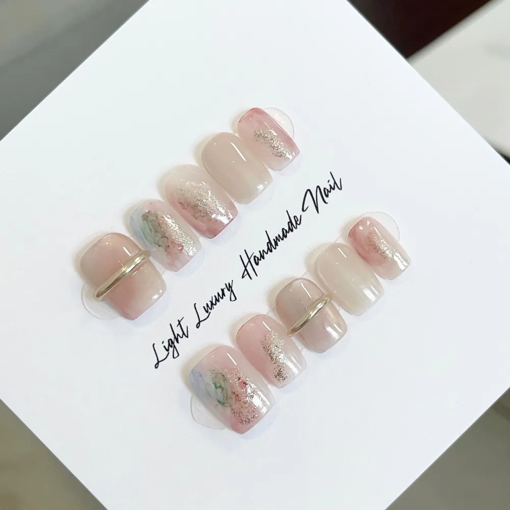 Nailhour 10Pcs Gilded Gradient Glitter Short Square Press On Nails