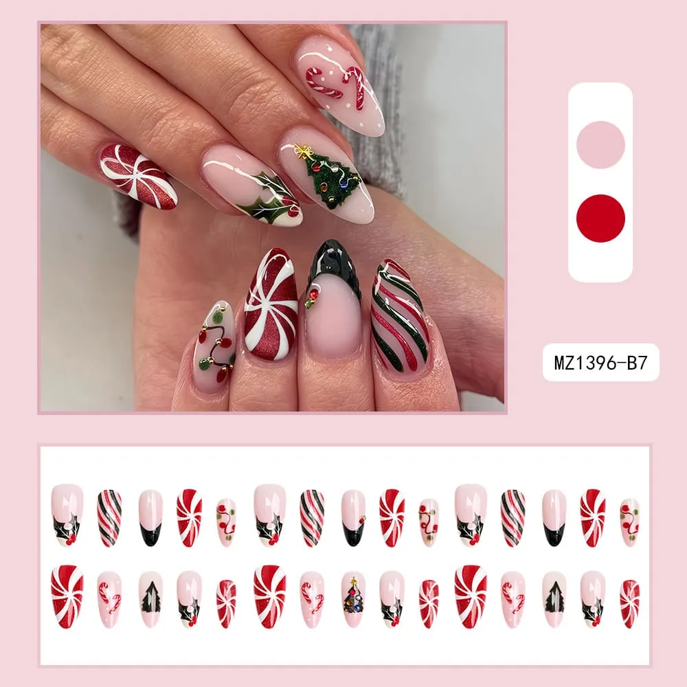 Nailhour 30Pcs Christmas Candy Cane Medium Almond French Press On Nails