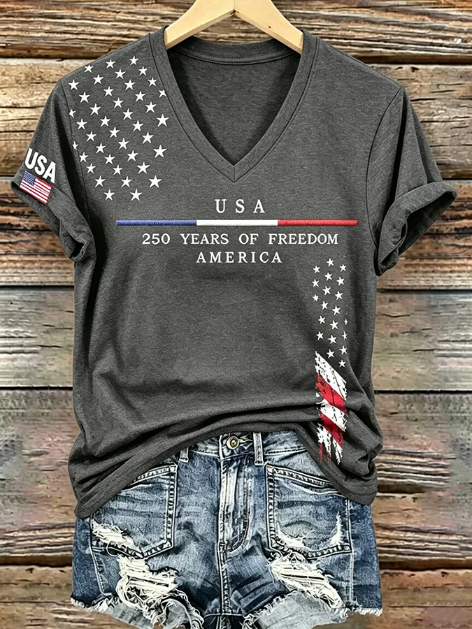 250Th Anniversary American Embroidery Commemorative V-Neck Short Sleeved T-Shirt
