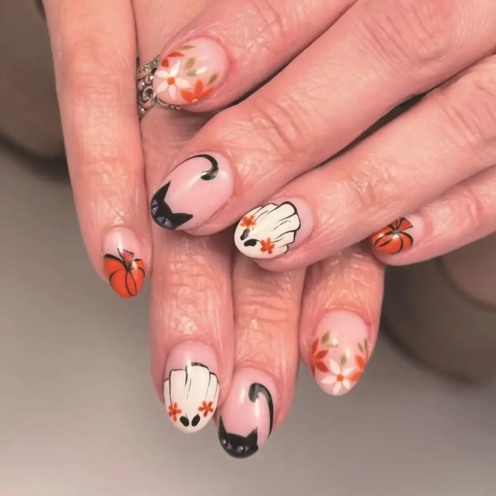 Nailhour 24Pcs Halloween Short Oval Cat & Floral Press On Nails