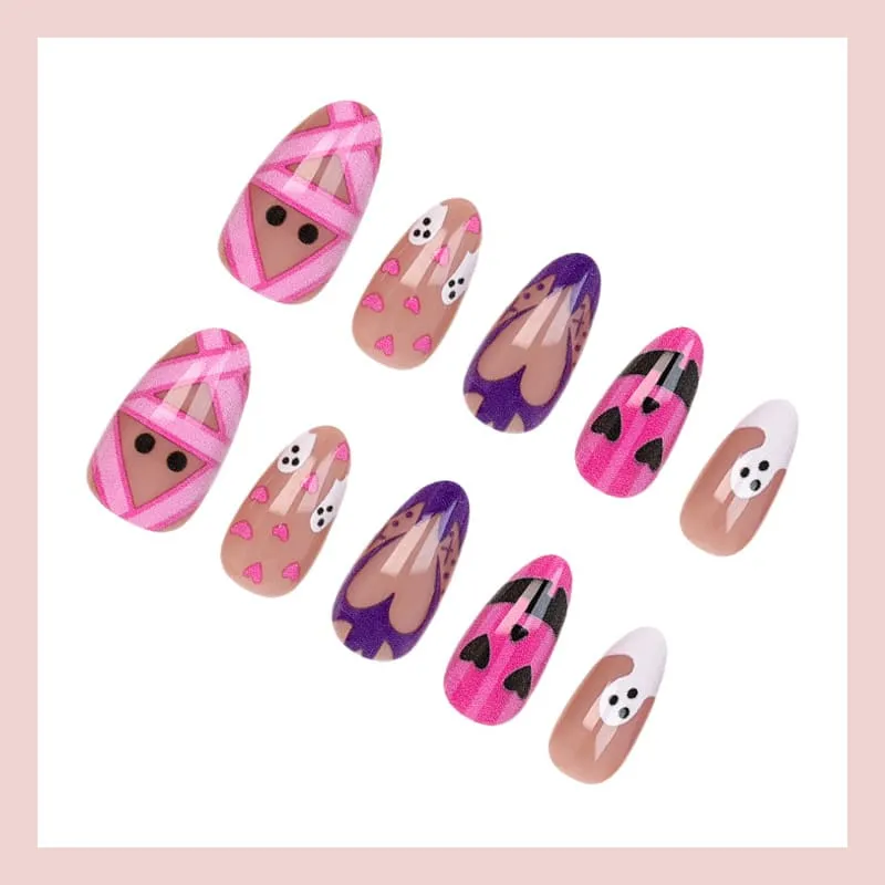 Nailhour 30Pcs Halloween Pink And Purple Short Almond Ghost Press On Nails
