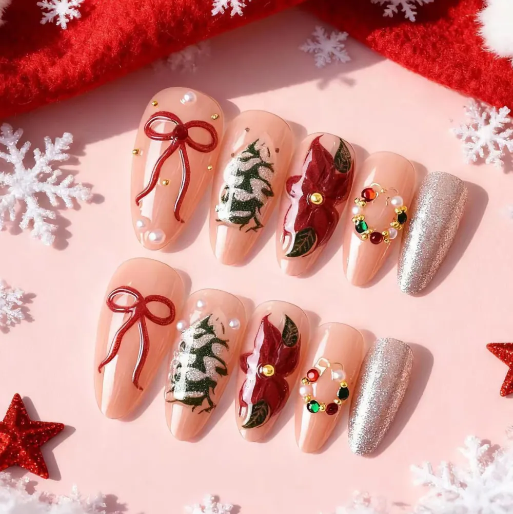Nailhour 24Pcs Christmas Tree 3D Medium Almond French Christmas Press On Nails