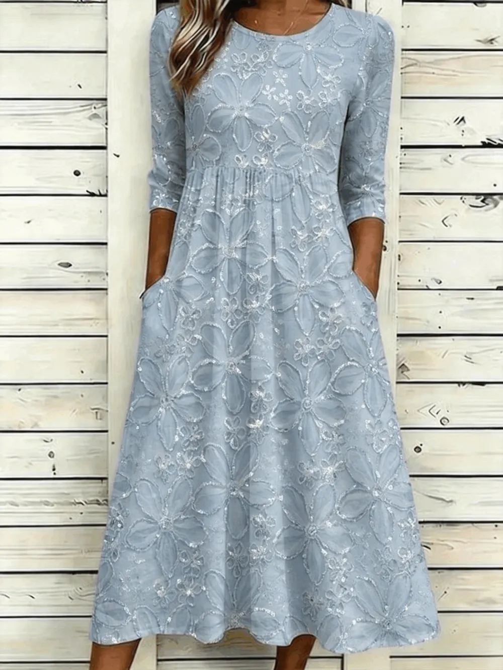 Women Floral Summer Dress Crew Neck Half Sleeve A-Line Dress