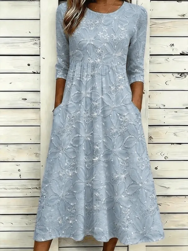 Women Floral Summer Dress Crew Neck Half Sleeve A-Line Dress