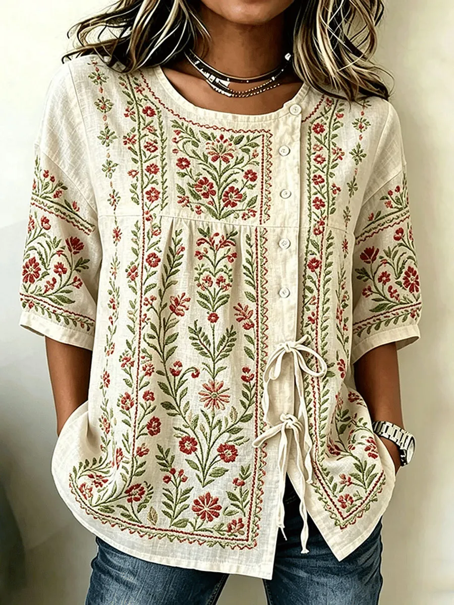 Women'S Casual Print Cotton Linen Top