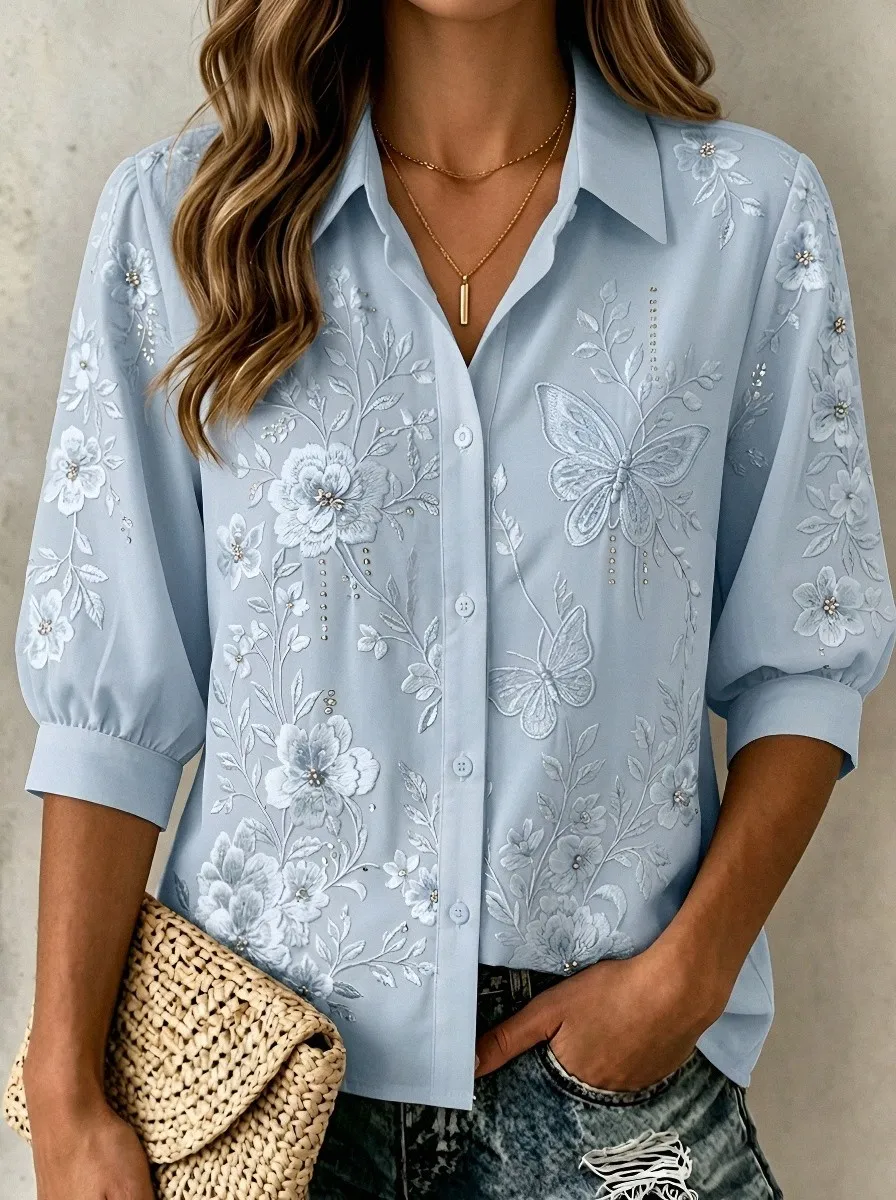 Women's Breast Cancer Awareness Butterfly Floral Embroidered Button-up Shirt