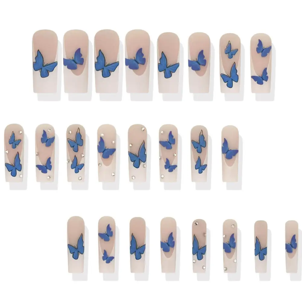 Nailhour 24Pcs French Long Square Butterfly Dreams Rhinestone Press On Nails