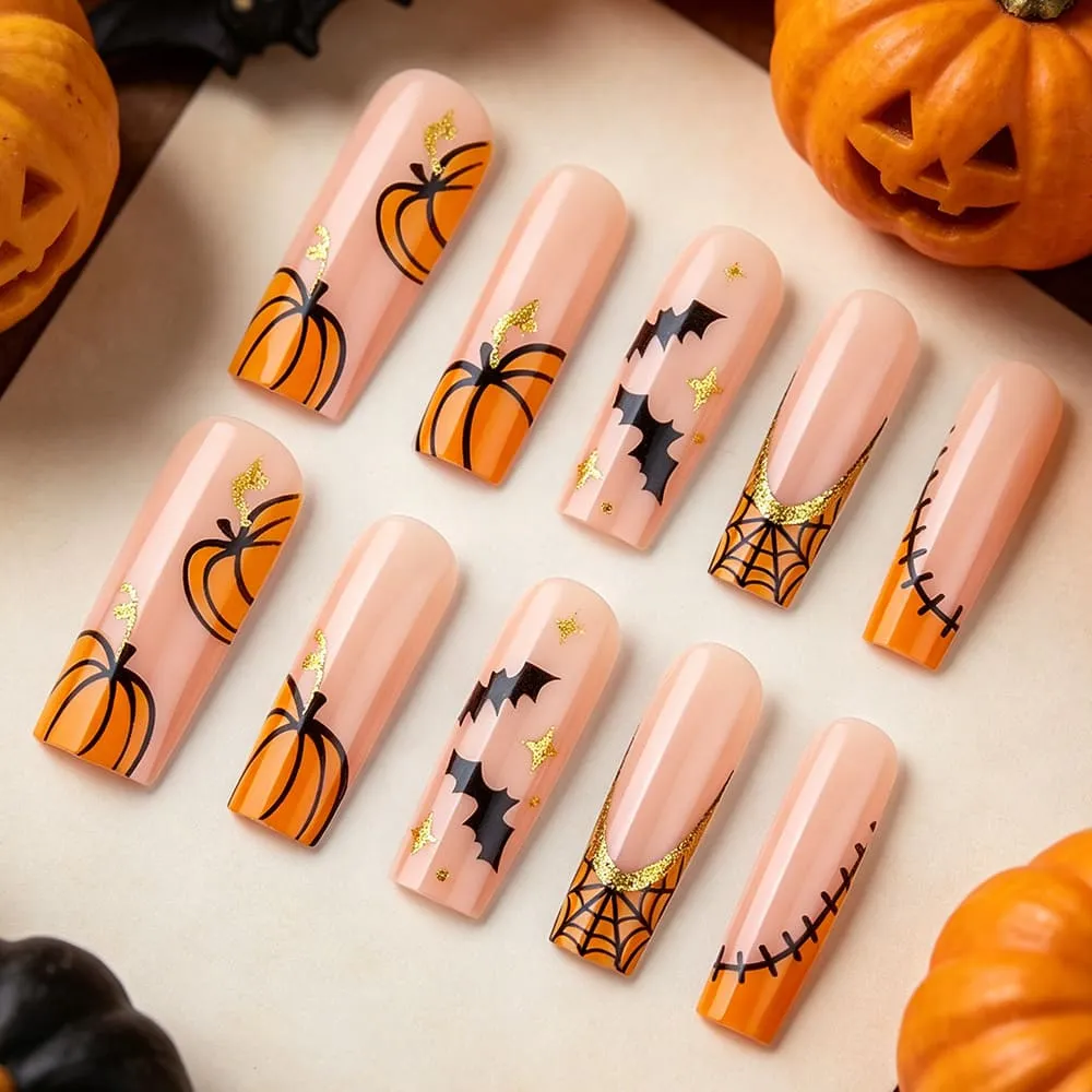 Nailhour 24Pcs Orange Glossy Funny Spider Halloween Long Coffin Press On Nails