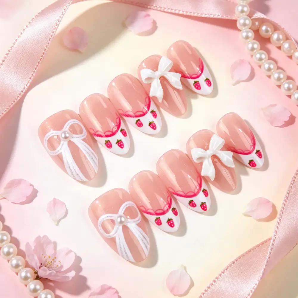 Nailhour 30Pcs Pink 3D Resin Medium Almond Press On Nails