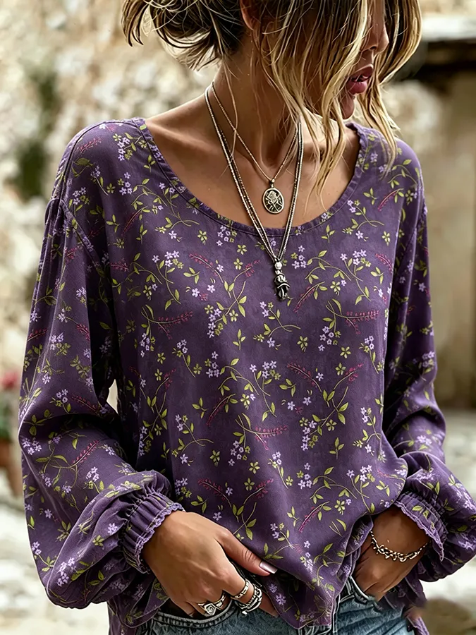 Women's printed purple artistic round neck shirt