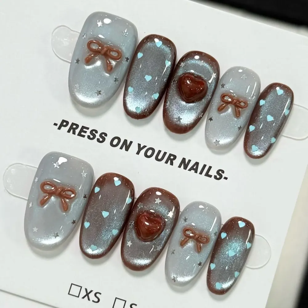Nailhour 10Pcs Blue French Cat Eye Gradient Medium Oval Press On Nails