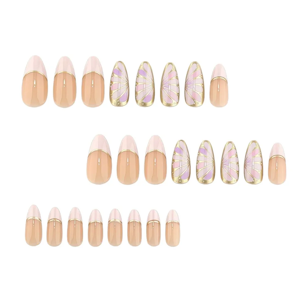 Nailhour 24pcs Medium Almond French Pink Press On Nails