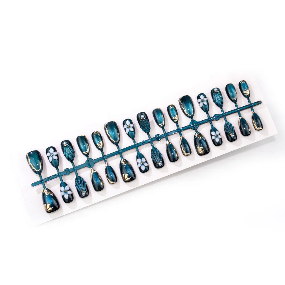 Nailhour 30Pcs Blue Glitter Medium Almond Press On Nails