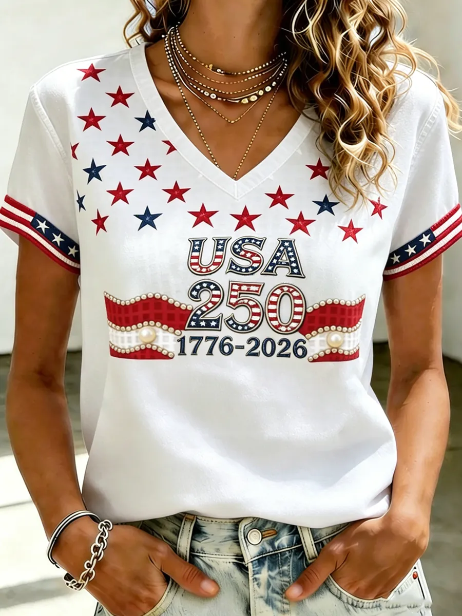 Women's Independence Day 250th Anniversary Printed V-neck T-shirt