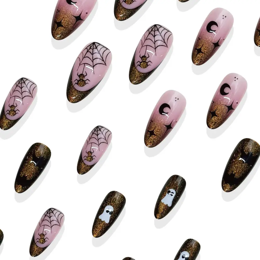 Nailhour 24Pcs Halloween Autumn Medium Almond Cat Eye Ghost Press On Nails