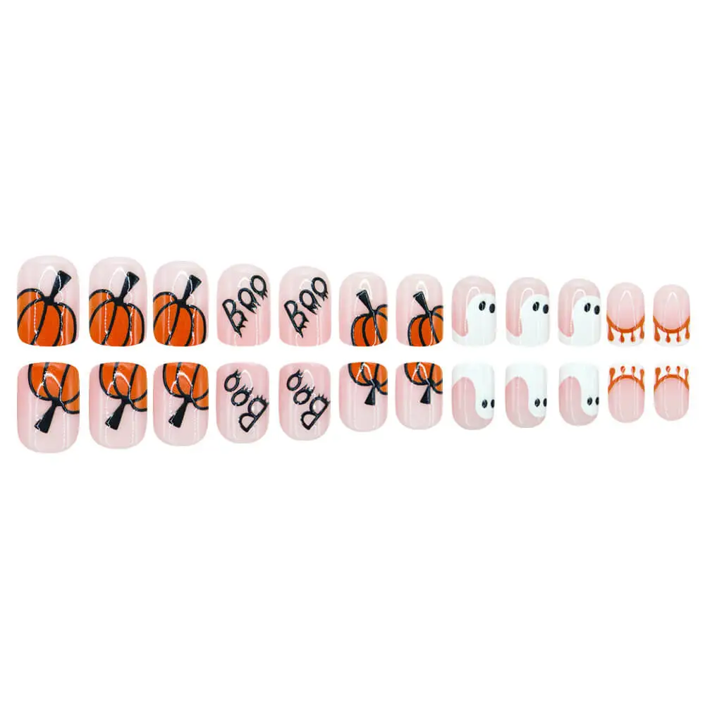 Nailhour 24Pcs Halloween Short Square Pumpkin Ghost Press On Nails