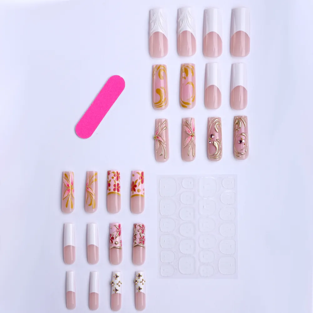 Nailhour 24Pcs French Glitter Gilded Long Square Press On Nails