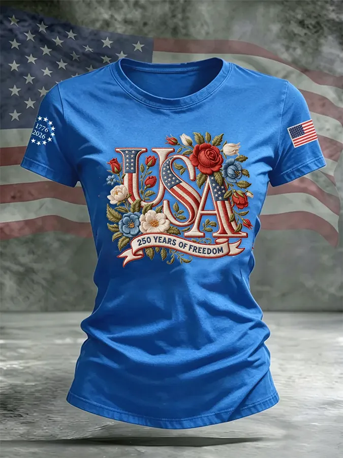 Women's Flag & Floral Print Cotton-Linen T-Shirt