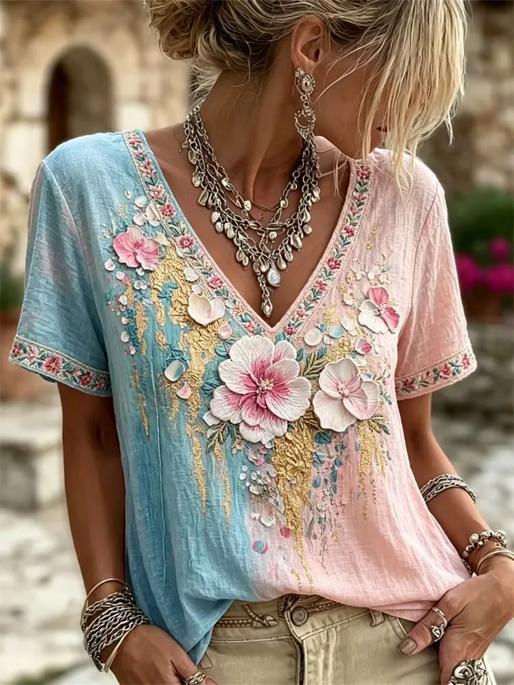 Vintage Pink Flower Gradient Cotton Linen Flower Print V-Neck Top