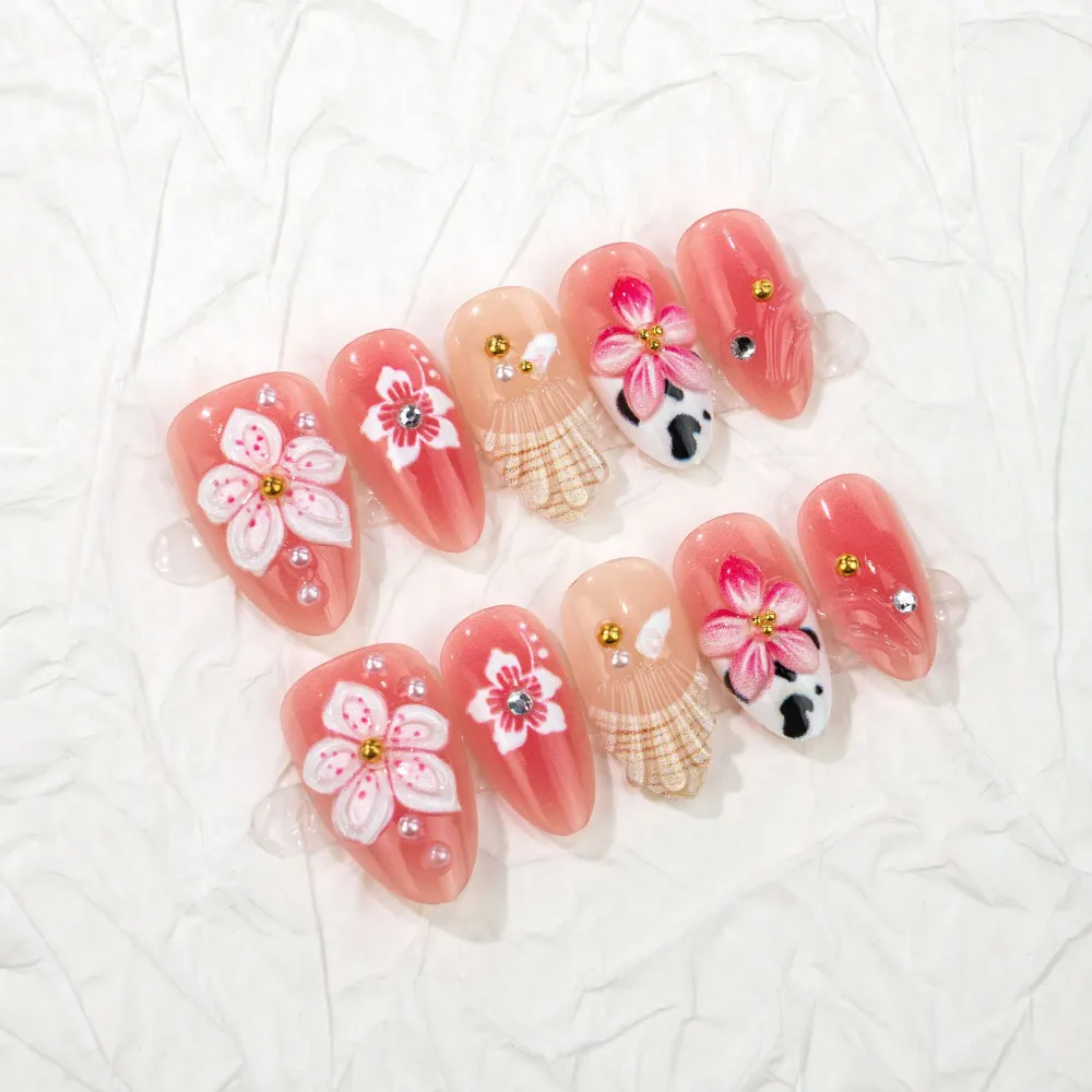 Nailhour 30Pcs Sweet Leopard Print Medium Almond French Press On Nails
