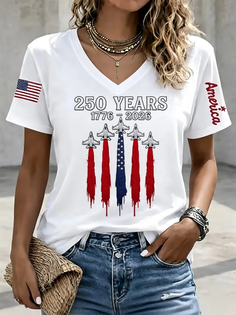 Women's 250 Years of America 1776-2026 Independence Day V Neck T-Shirt