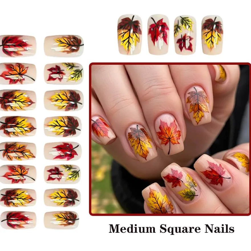 Nailhour 24Pcs Autumn Floral Short Square Press On Nails