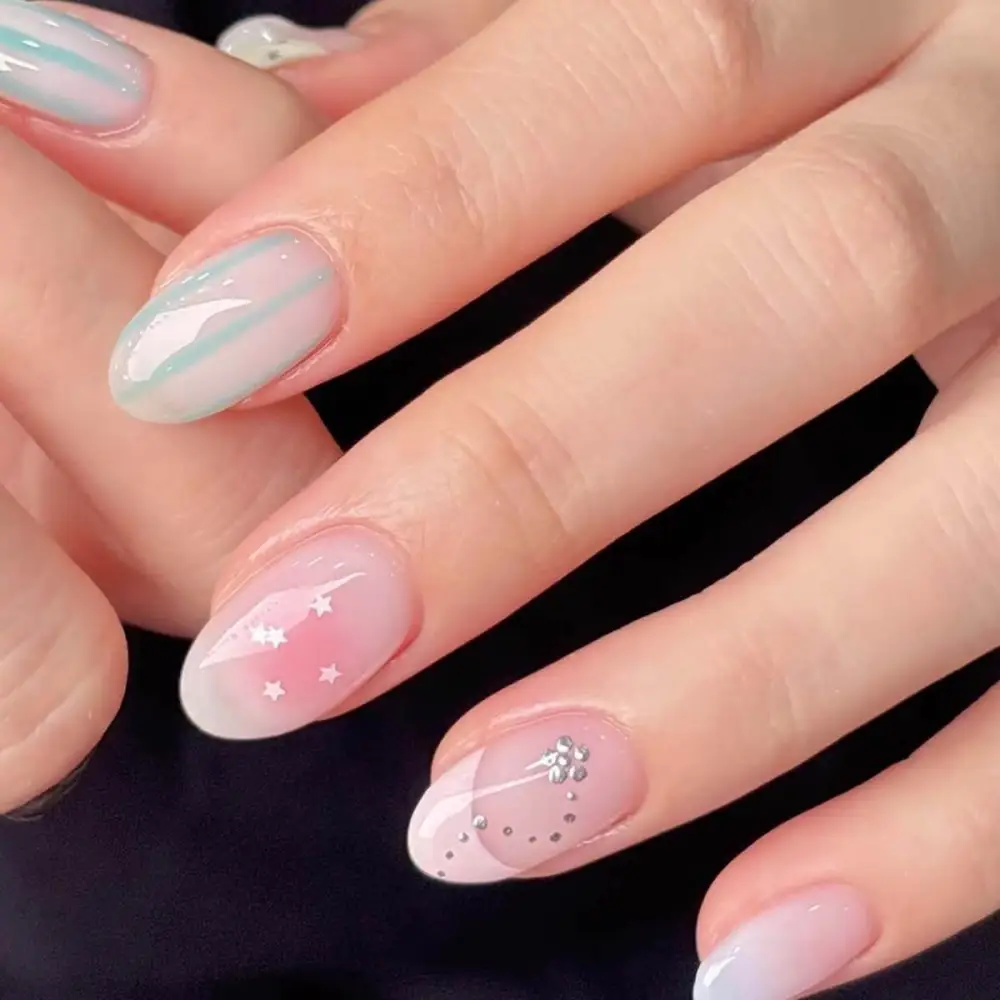 Nailhour 24Pcs Pink Rhinestone Short Oval Press On Nails