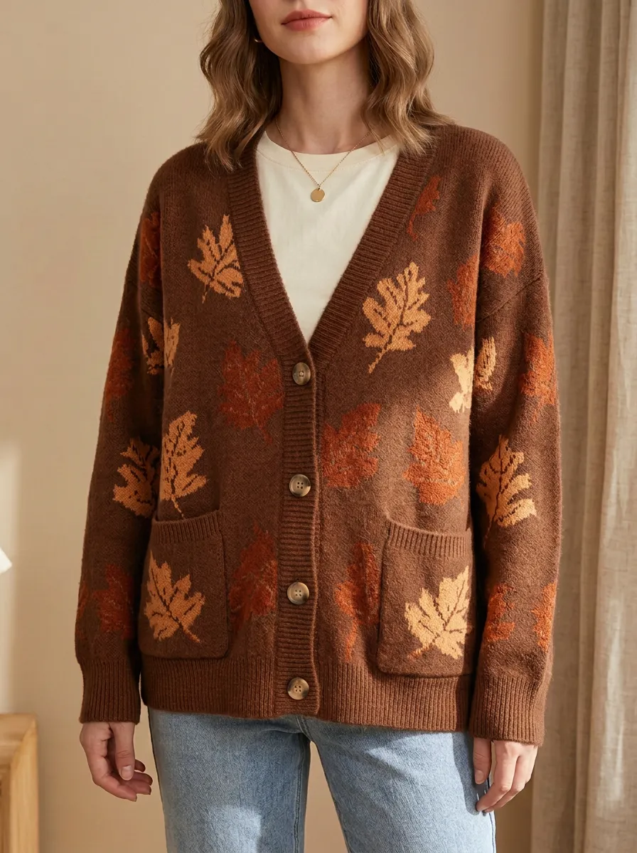 Leaf Pattern Patterned Women's Knit Cardigan