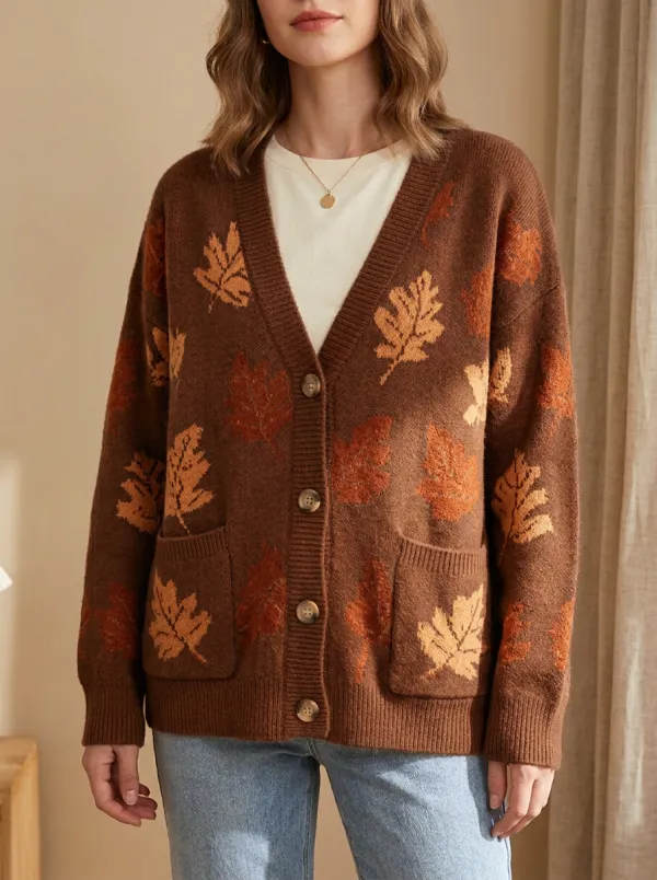 Leaf Pattern Patterned Women's Knit Cardigan