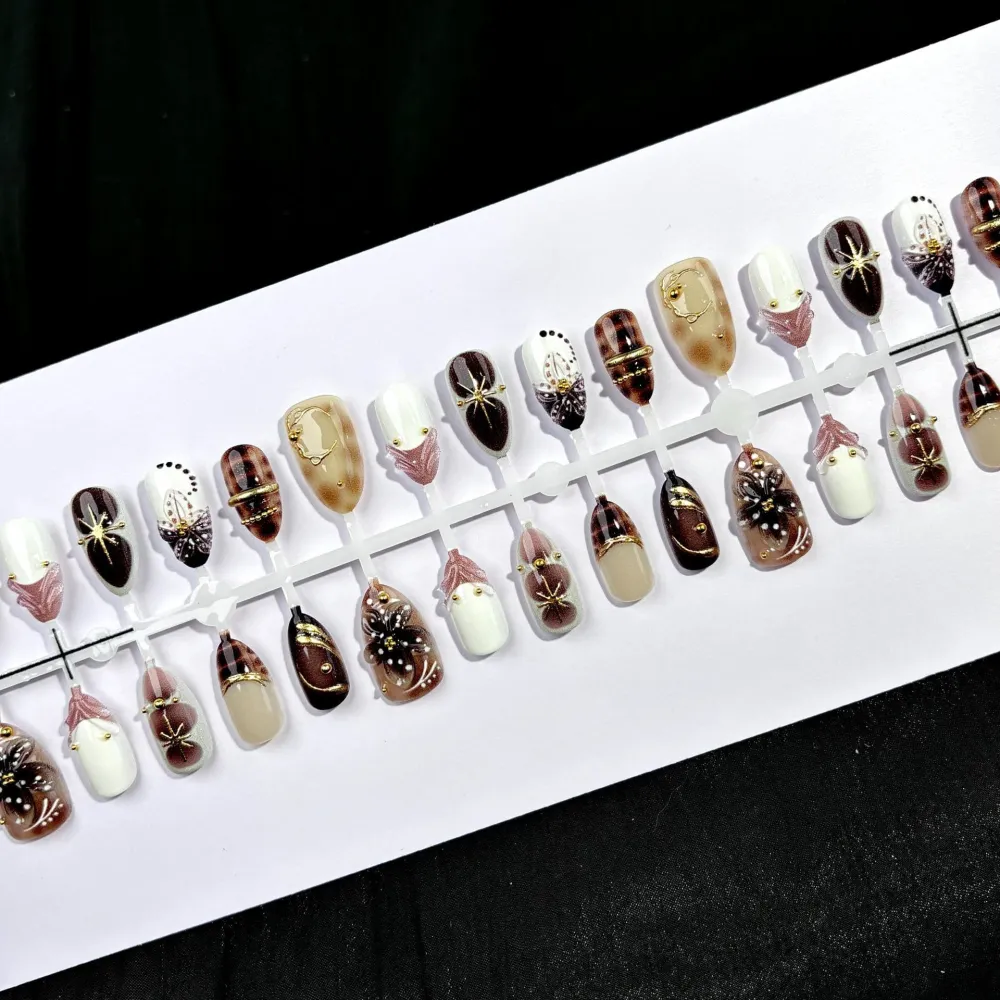 Nailhour 30Pcs Carved Gilded 3D Medium Almond French Press On Nails