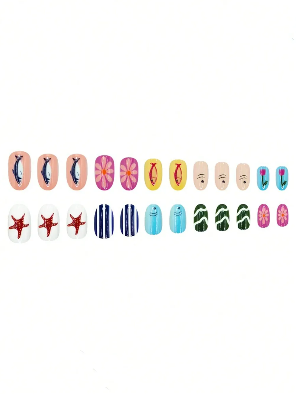 Nailhour 24pcs Oval Shark Stripe Flower Starfish Marine Press-On Short Nails