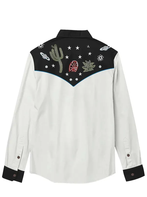 West Cactus And UFO Printed Hawaiian Shirt For Men Button-down Shirt Long Sleeve 100% Cotton Shirt
