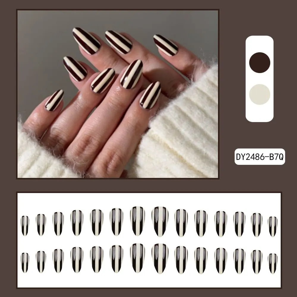 Nailhour 30Pcs Color-blocked Stripes Medium Almond French Press On Nails