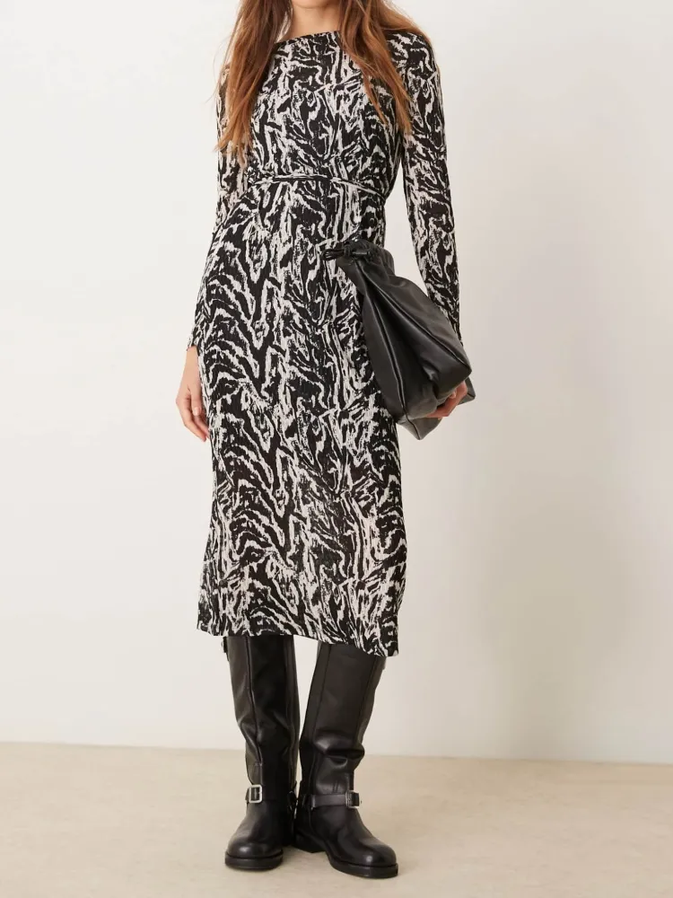 Tied Waist Print Midi Dress