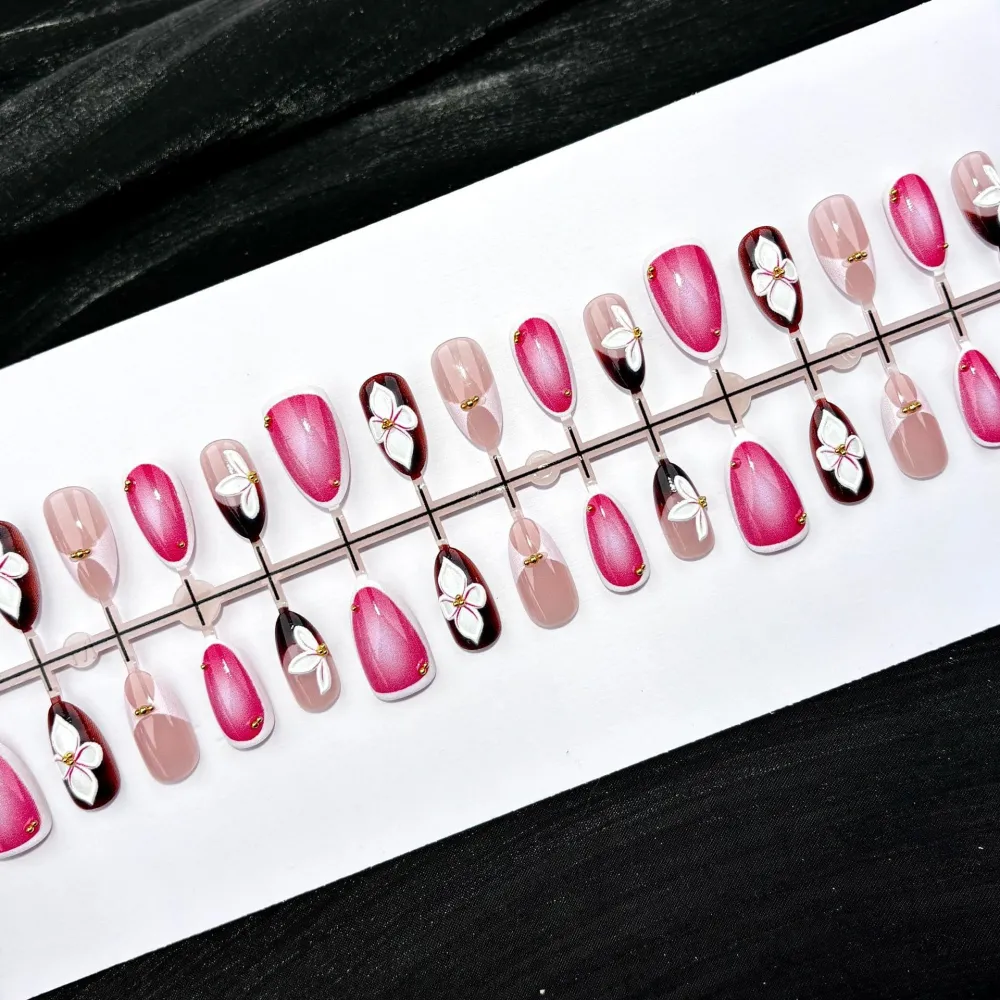Nailhour 30Pcs Pink & Brown Floral 3D Medium Almond French Press On Nails