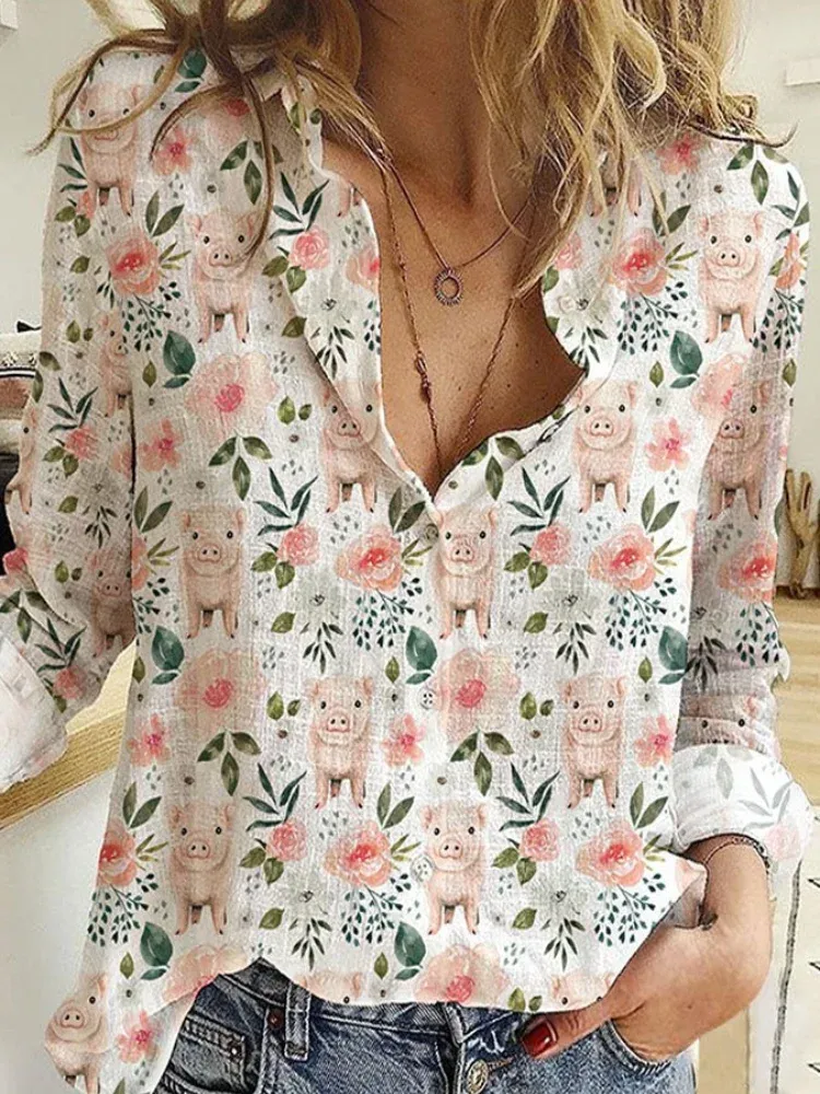 Cute Pig Floral Button Shirt