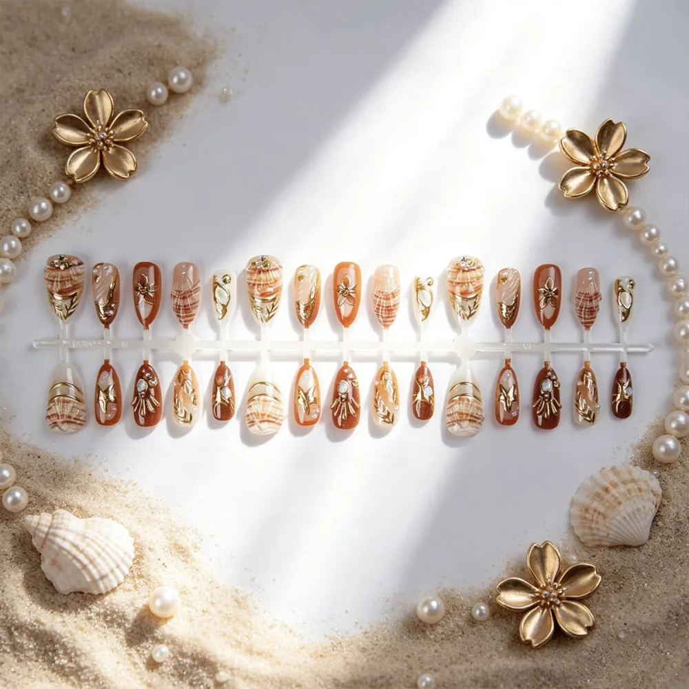 Nailhour 30Pcs Brown Vintage 3D Medium Almond Press On Nails