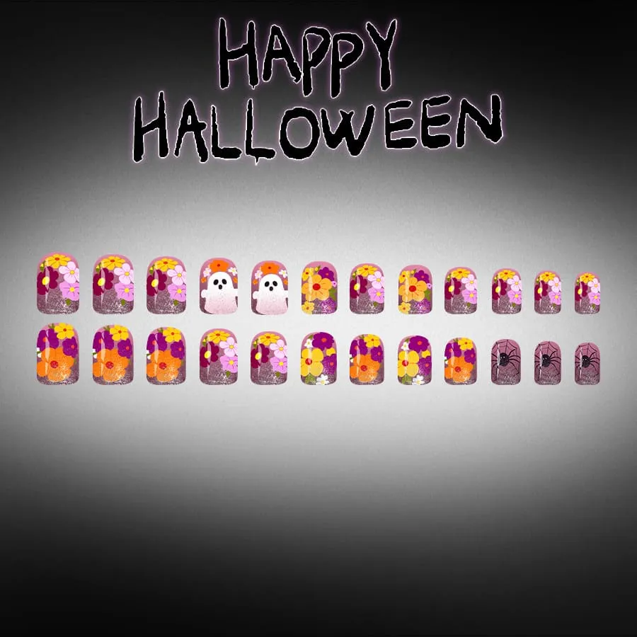 Nailhour 24Pcs Cute Ghost Halloween Multicolor Glitter Short Square Press On Nails