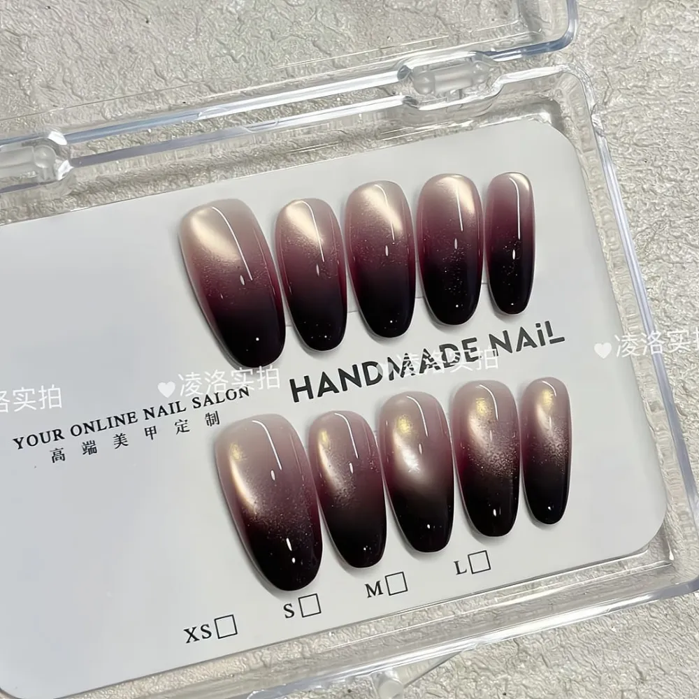 Nailhour 10Pcs Purple Cat Eye Gradient Long Oval Press On Nails