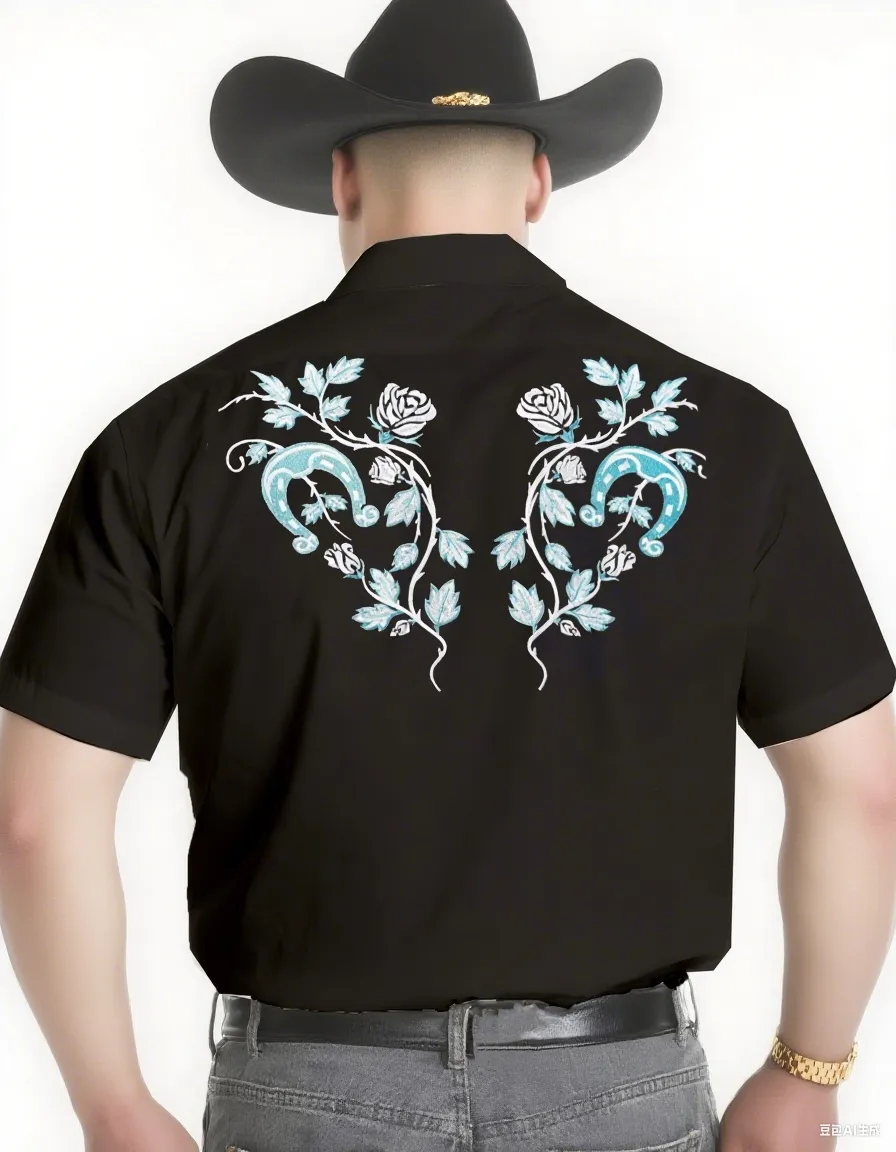 Big & Tall Men's Western Style Daily Casual Back Floral Textured Short Sleeve Shirt