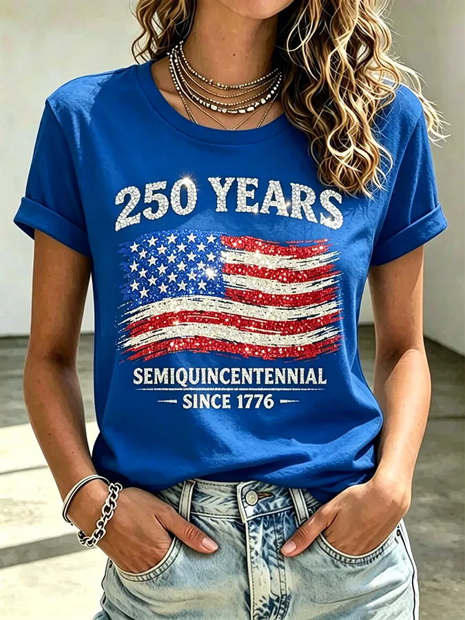 Ladies' Casual American 250Th Anniversary Commemorative Sequin Personalized Printed Round Neck Short Sleeved T-Shirt