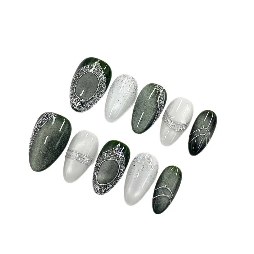 Nailhour 10Pcs Cat Eye Medium Almond French Press On Nails