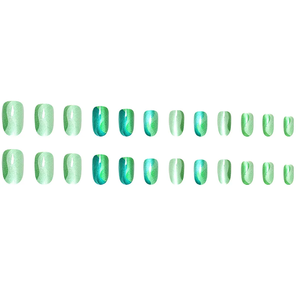 Nailhour 24Pcs Green Cat Eye Nail Art Glitter Press On Nails
