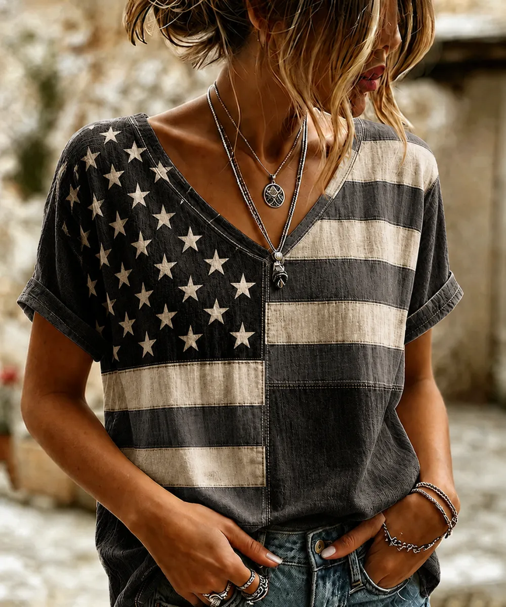 Women'S Retro Independence Day Printed Casual Short Sleeved T-Shirt