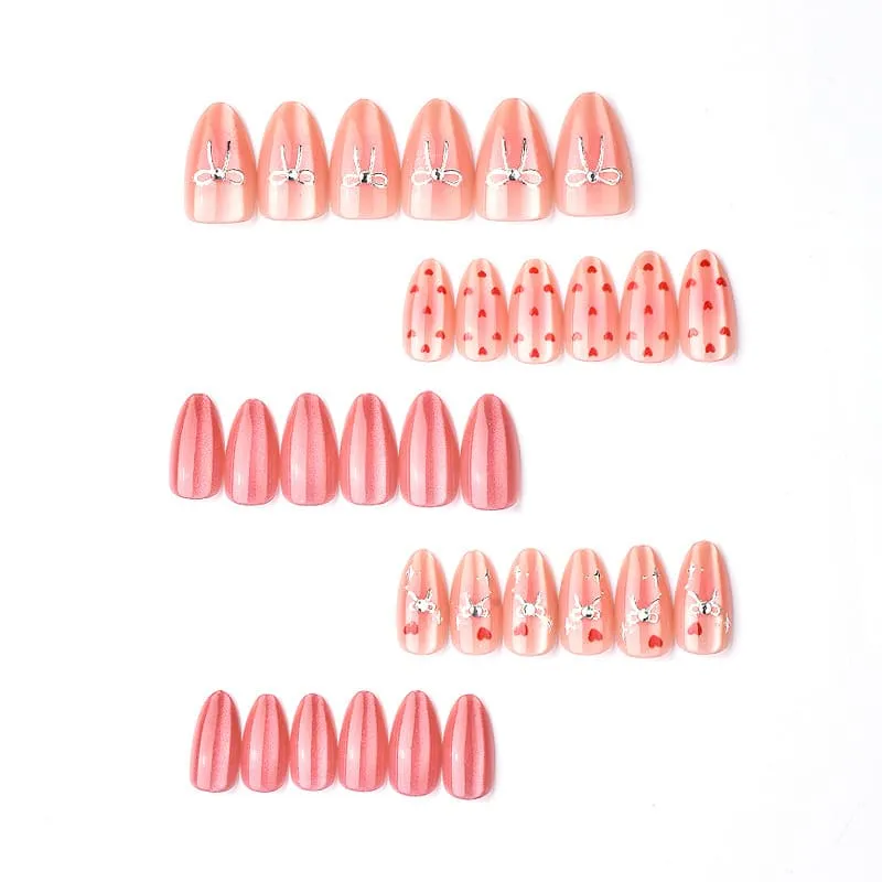 Nailhour 30Pcs Pink Cat Eye Gilded Medium Almond Gilded Cute Press On Nails