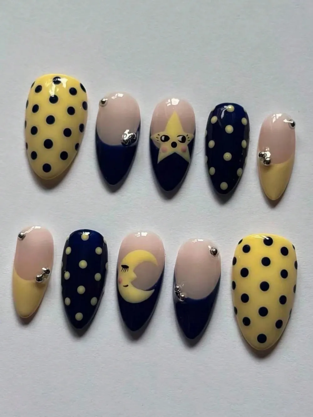 Nailhour 30Pcs Short Almond French Cute Polka Dot, Star, Moon Press On Nails