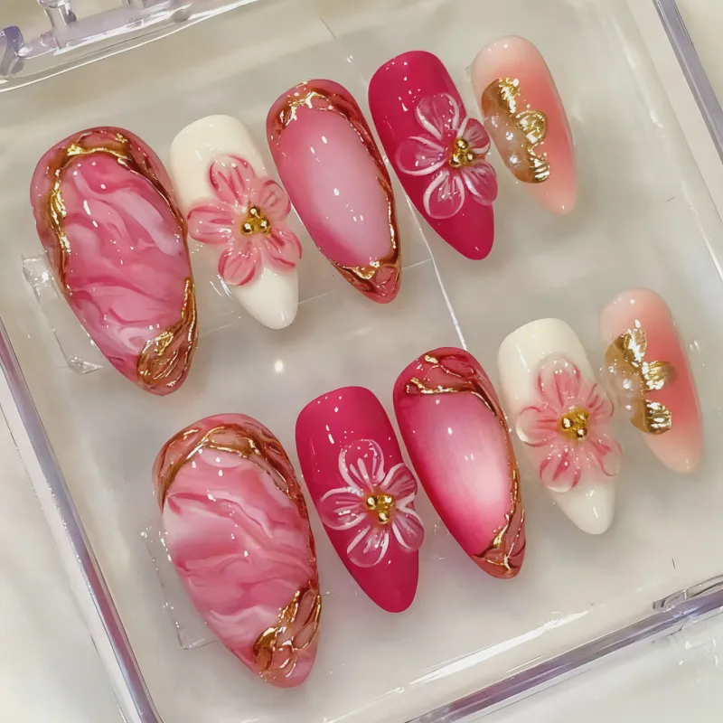 Nailhour 3D Pink Floral 30Pcs Holiday Almond Press On Nails