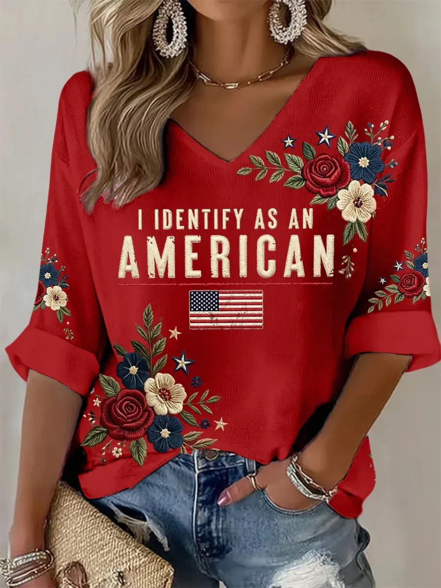Women's American Flag Printed Casual Waffle Long Sleeve T-shirt